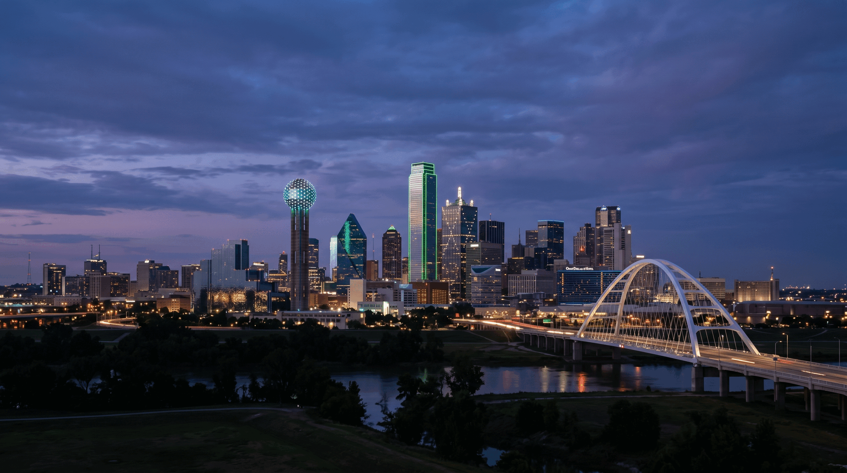 Dallas skyline at dusk for Squid X Media Dallas marketing agency services