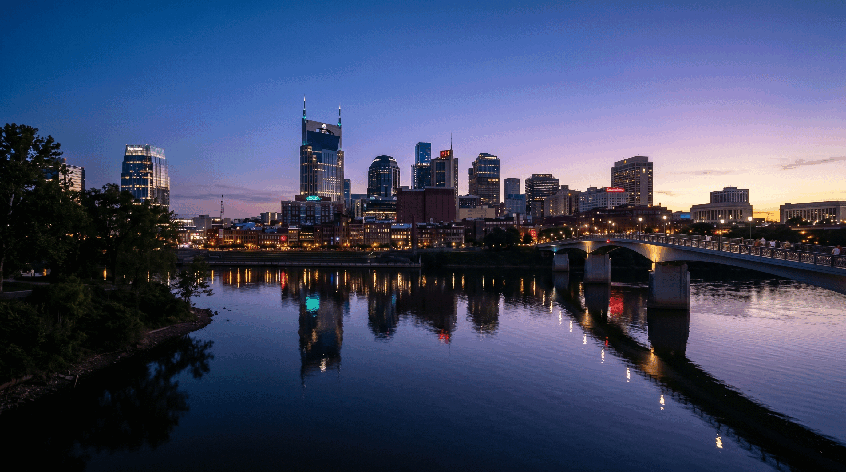 Nashville skyline over the river at dusk for Squid X Media marketing agency services