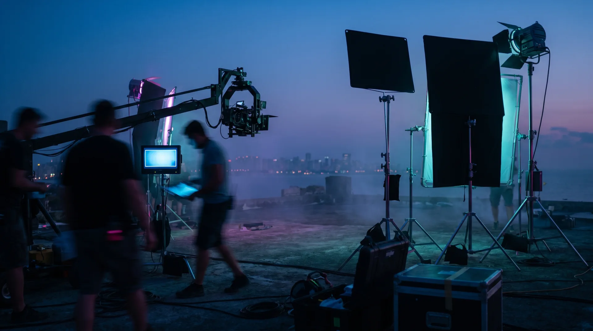 Commercial creative production scene with camera rig and monitor glow