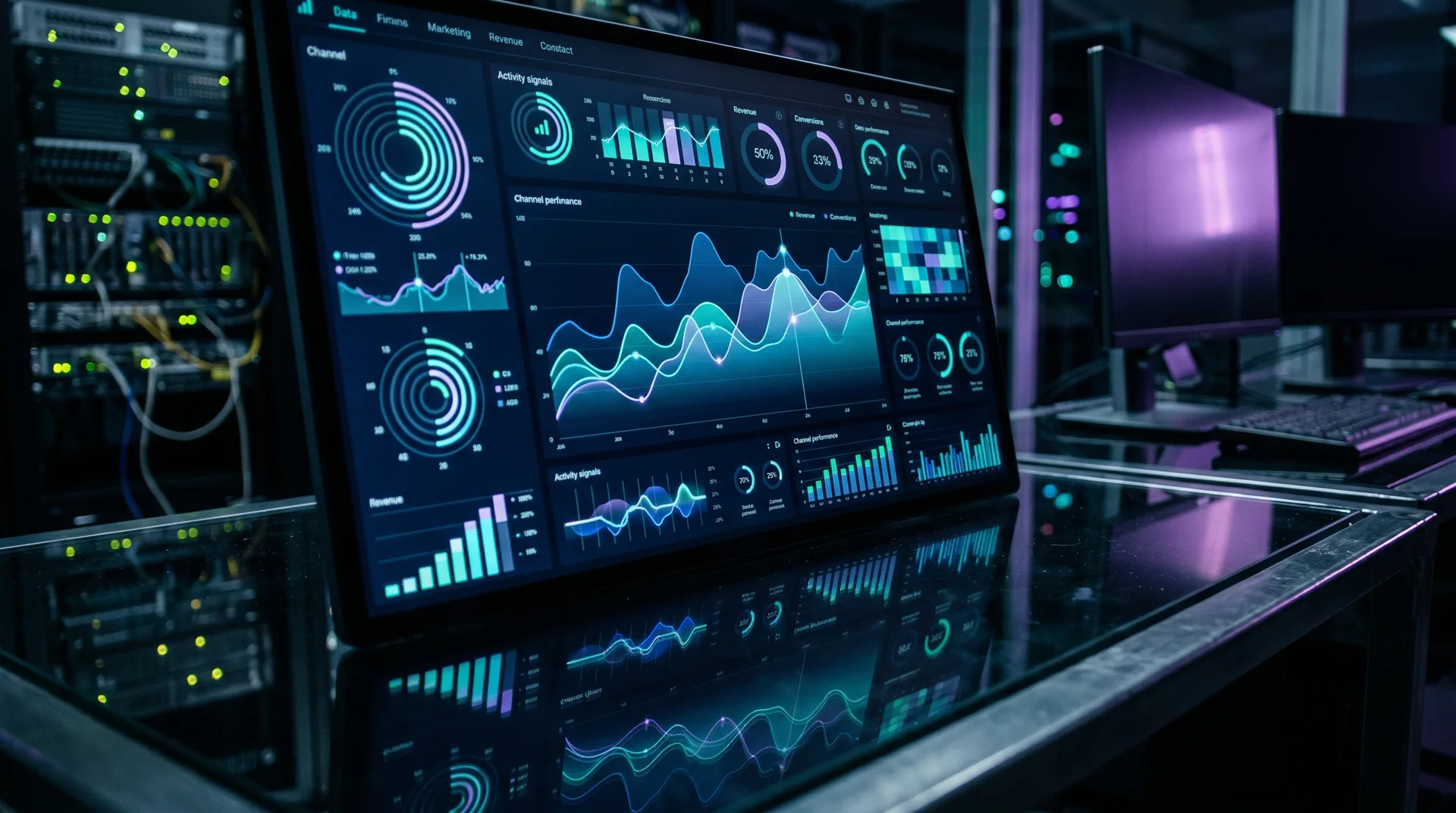 Dark glass performance dashboard with search, ad, and conversion signals