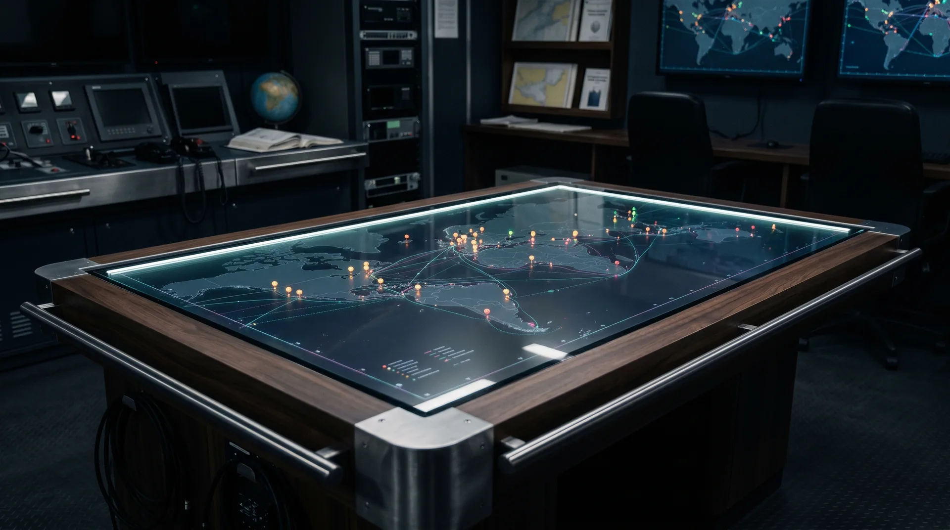 Marketing strategy command room with illuminated routes and growth signals
