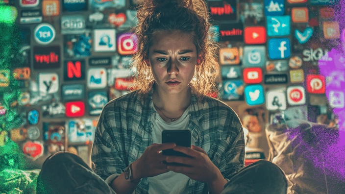 Woman sitting down staring at her phone looking stressed out. Behind her are logos for various social media platforms. It represents the stress of brand identity design
