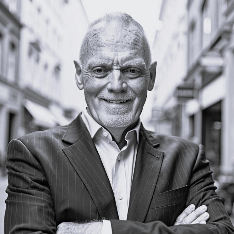 Wayne Brannon, Automotive Division Advisor at Squid X Media, smiling with his arms crossed while wearing a suit