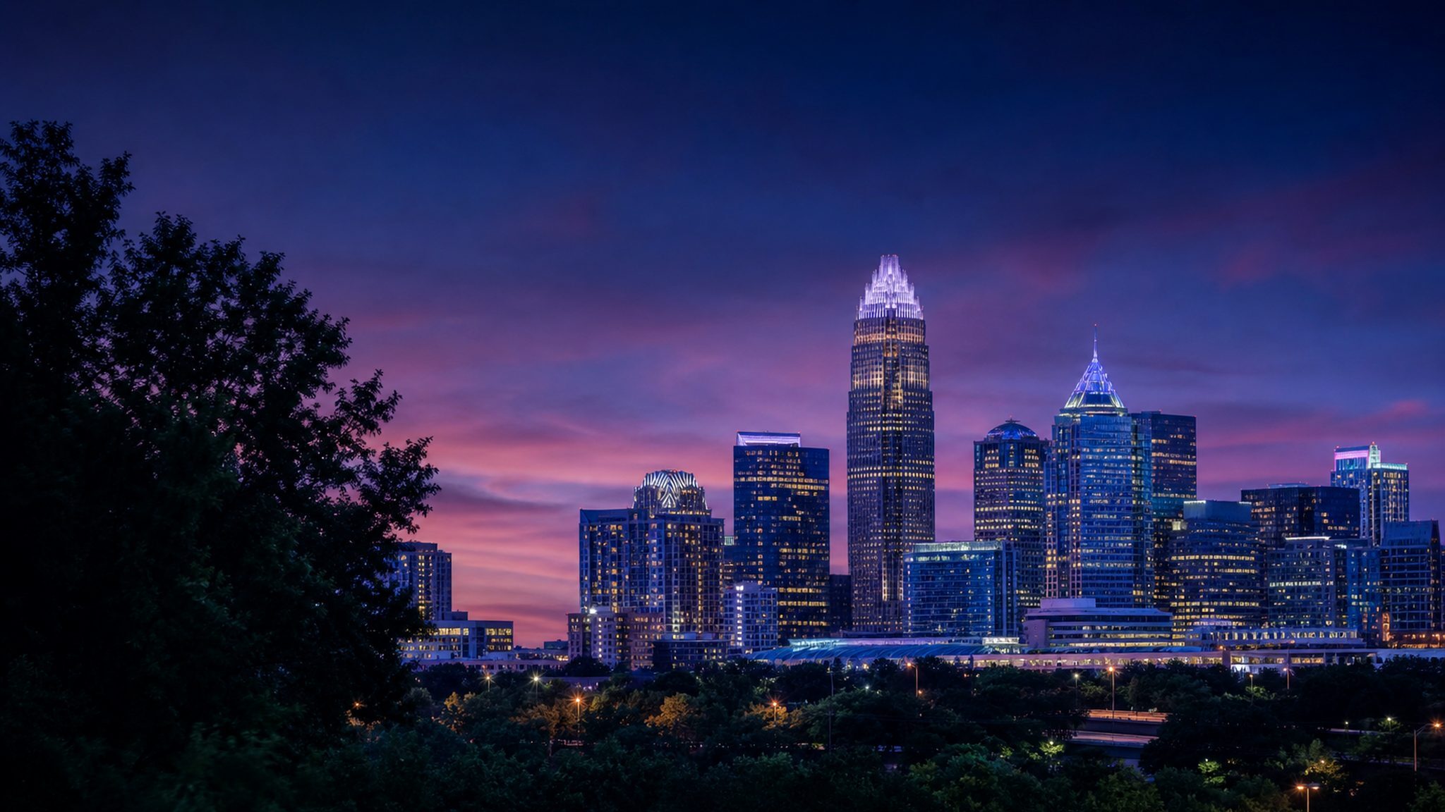 Charlotte skyline at dusk for Squid X Media Charlotte marketing agency services