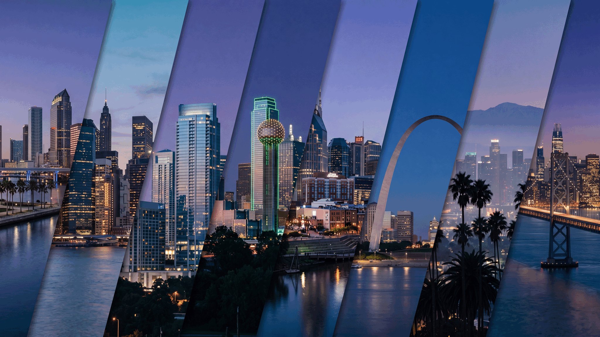 Diagonal city skyline slices representing Squid X Media hub markets