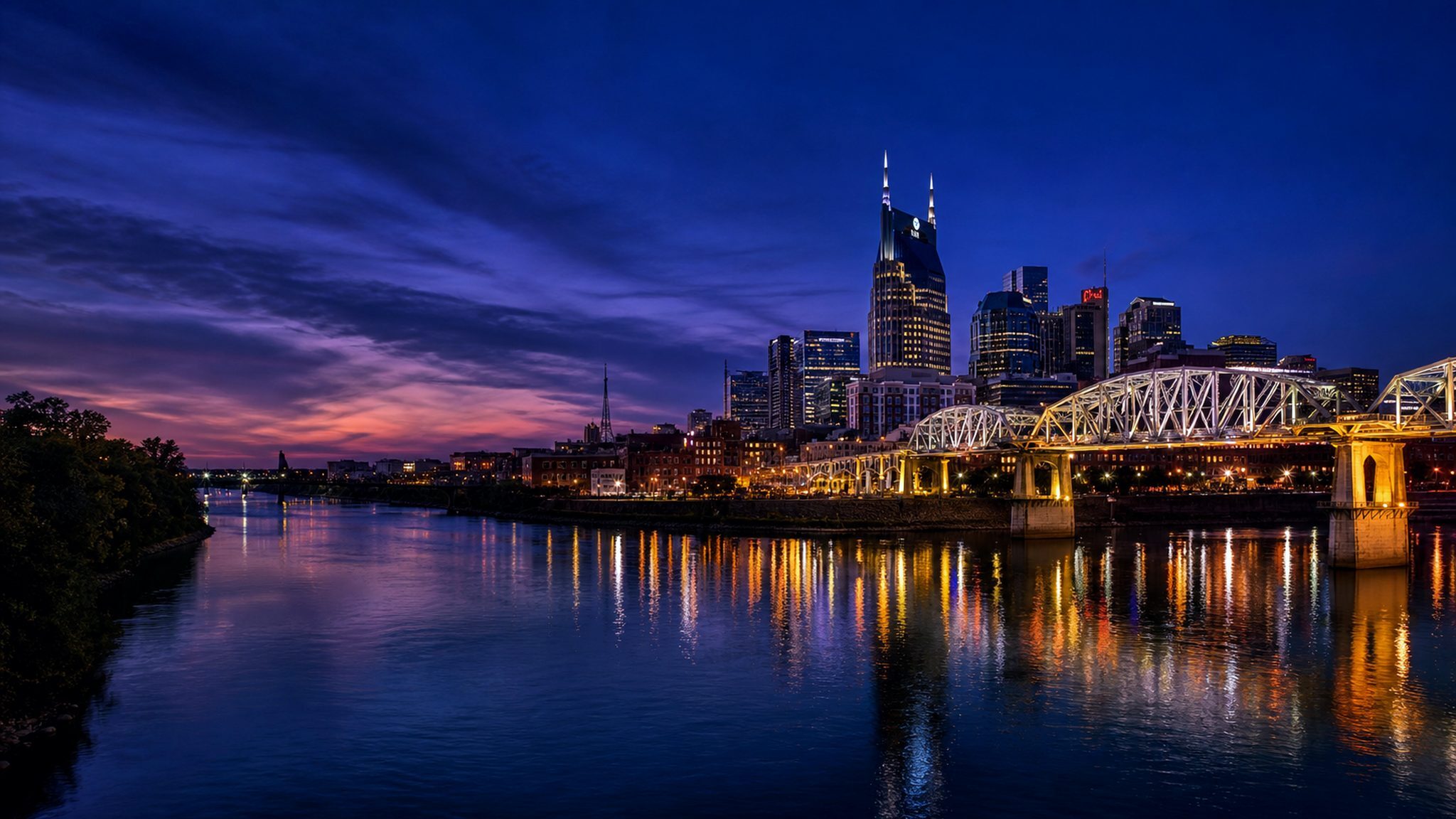 Nashville skyline over the river at dusk for Squid X Media marketing agency services