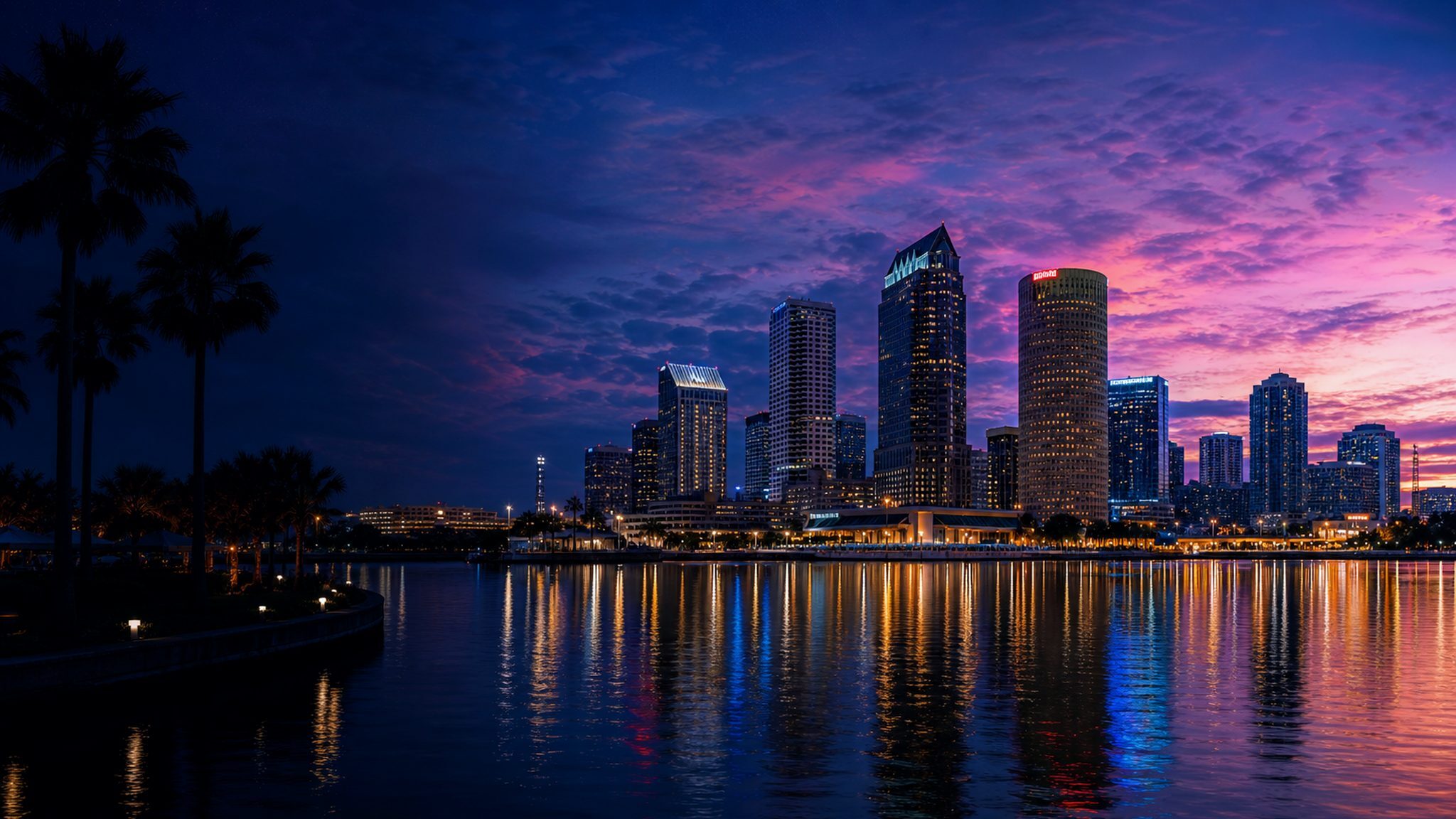 Tampa skyline over water at dusk for Squid X Media Tampa marketing agency services