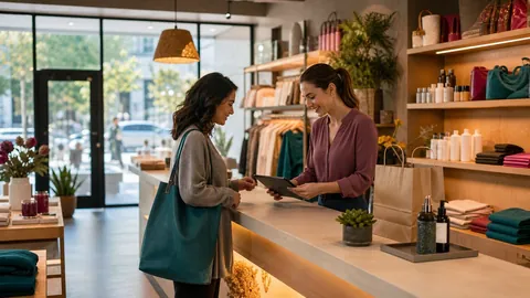 Retail associate helping a customer inside a modern storefront.