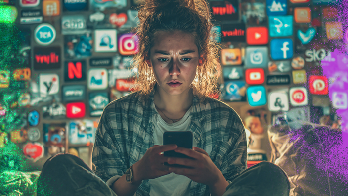 Woman sitting looking at her phone with a concerned look on her face as multiple social and entertainment apps float behind her. 