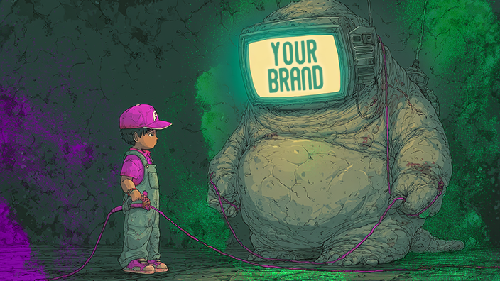 A boy in a purple hat and overalls holds a pink cord connected to a large blob-like creature with a TV for a head showing the words “YOUR BRAND.” The scene has a dark green background with glowing purple and green light.