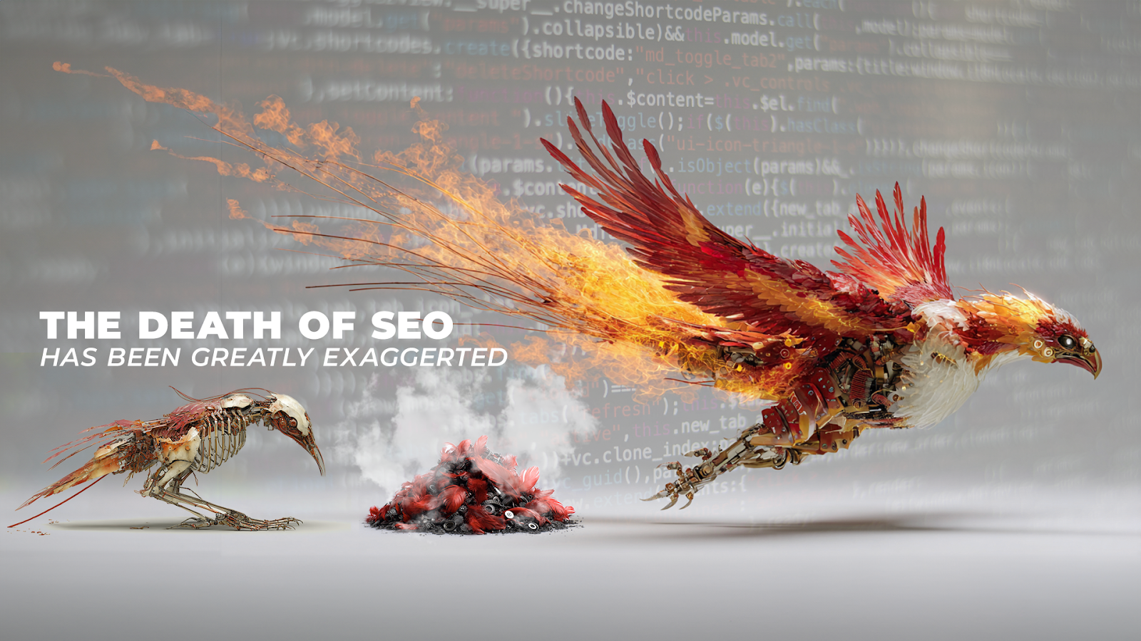 Image of a skeletal bird evolving with code in the background to show modern SEO