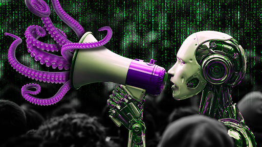 Image of a robot speaking through a megaphone; this represents public relations in the digital