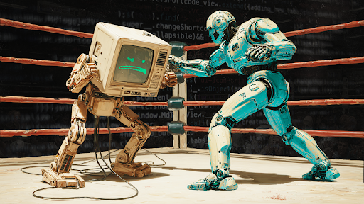 Shows an old robot and new robot fighting to represent modern SEO