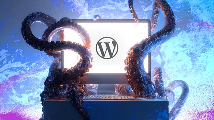 Desktop Apply computer with Wordpress logo on white screen. Squid tenti