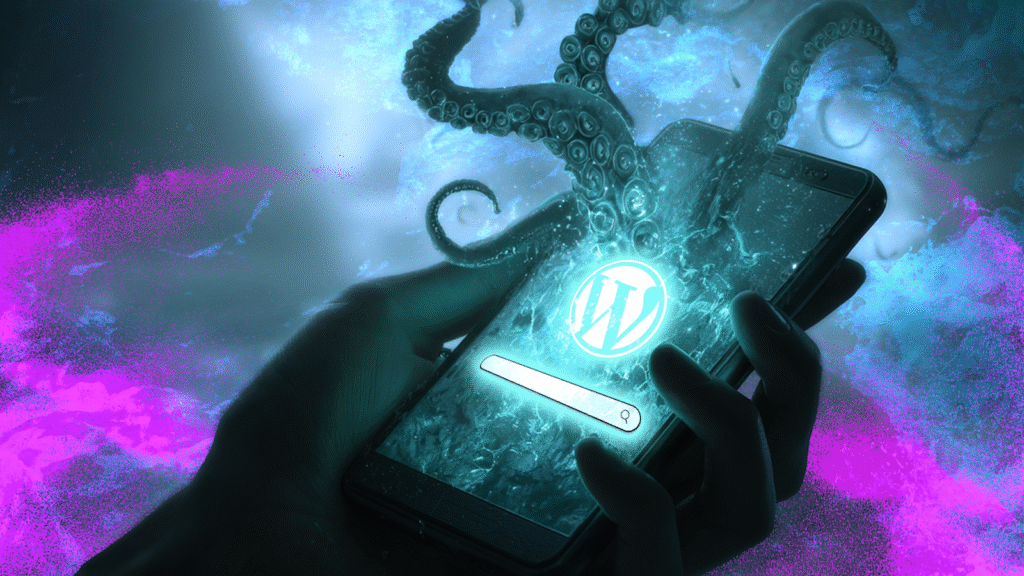 Image of a hand holding a cellphone. On the cell phone, it shows a WordPress logo. There are squid tentacles coming out of the phone