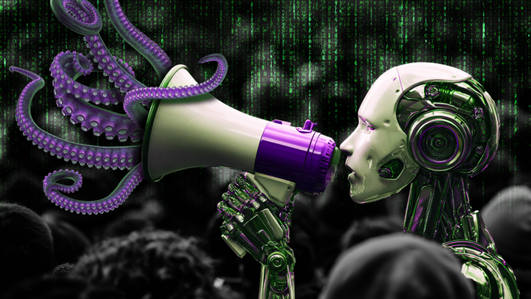 Image of a robot speaking through a megaphone; this represents public relations in the digital age