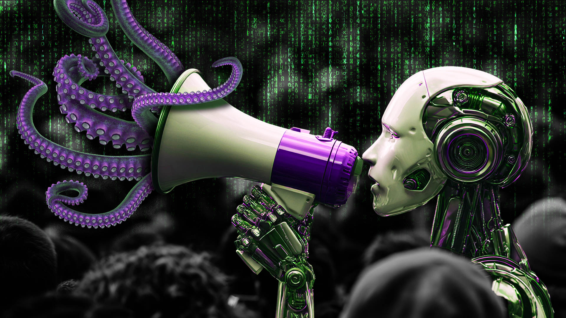 Image of a robot speaking through a megaphone; this represents public relations in the digital age