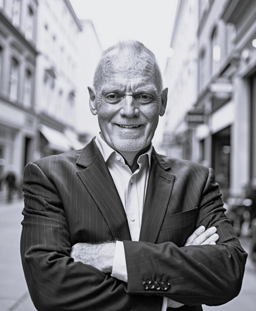Automotive Division Advisor for Squid X Media smiling with his arms crossed over his chest while wearing a suit standing outside between two building structures.