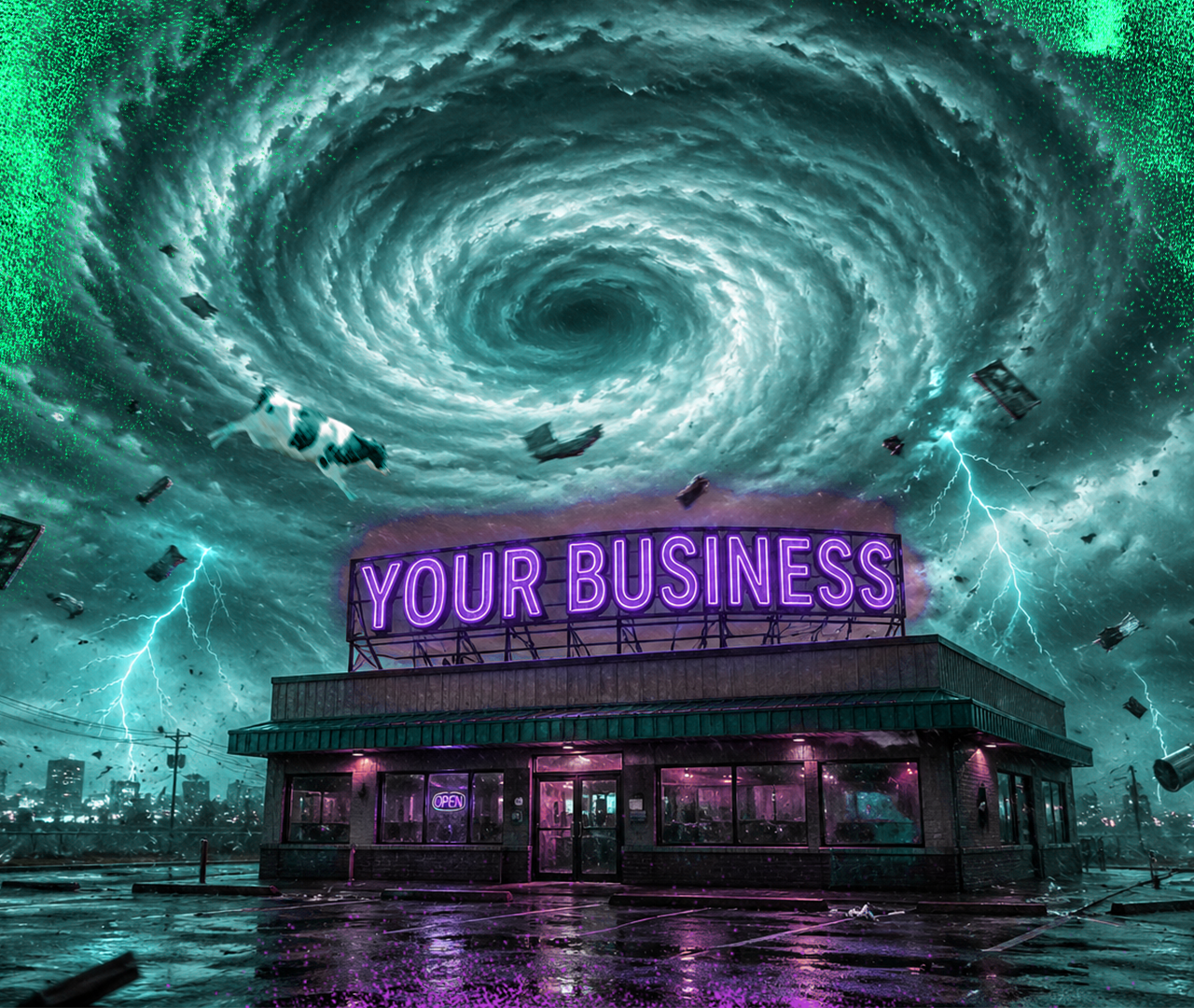 A hurricane above a building with a neon sign