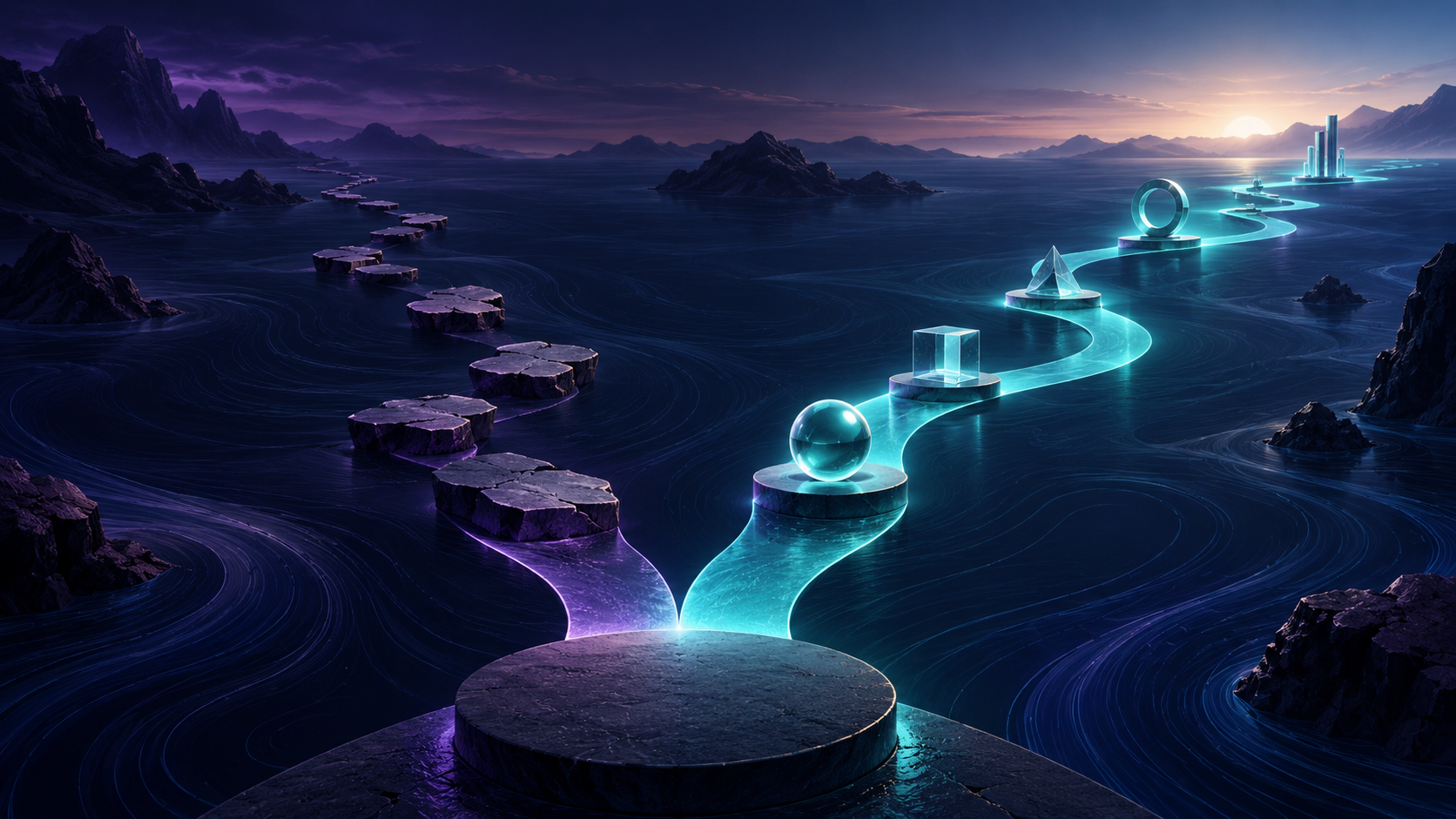 Two paths cross a dark ocean landscape, one formed by separate stepping stones and the other connecting geometric stations along a bright teal route.